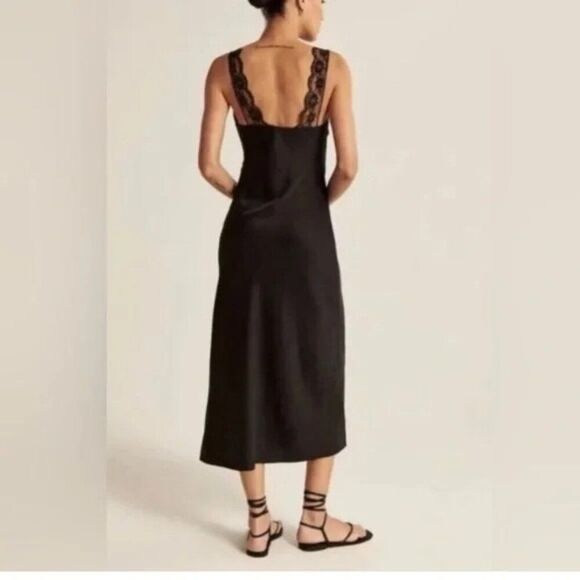 Abercrombie and Fitch Black Satin Lace Slip Midi Dress Size Medium - Picture 3 of 9